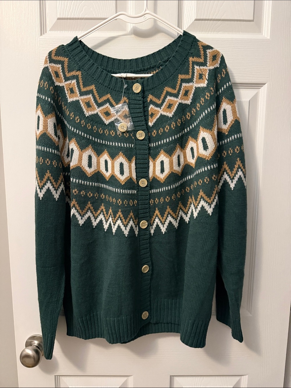 Maurices Dark Green Fair Isle Button Cardigan with Cream & Tan Accents